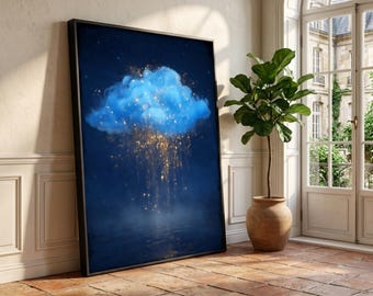 Dreamy Blue Cloud Canvas Wall Art, Magical Night Sky, Sparkling Rain, Fantasy Landscape Canvas, Ethereal Home Decoration