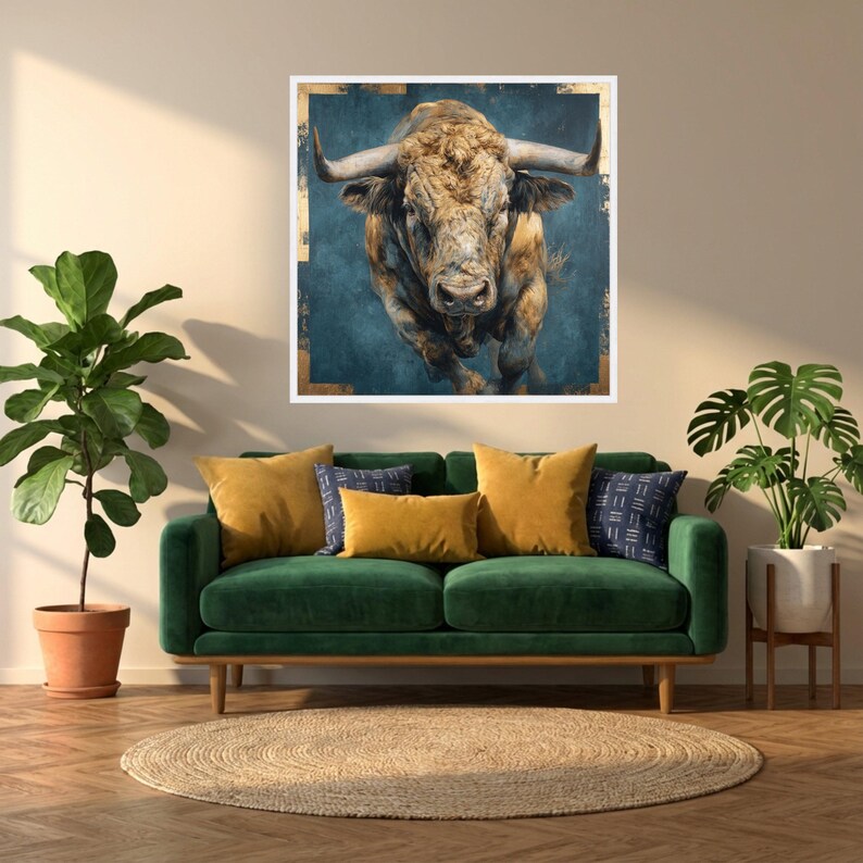 Rustic Bull Powerful Bull Portrait Canvas Wall Art, Rustic Animal Artwork ...