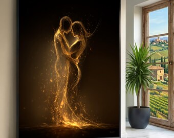 Glowing Embrace Canvas Wall Art, Romantic Abstract Couple, Golden Light Silhouette, Intimate Love Scene, Modern Home Decor