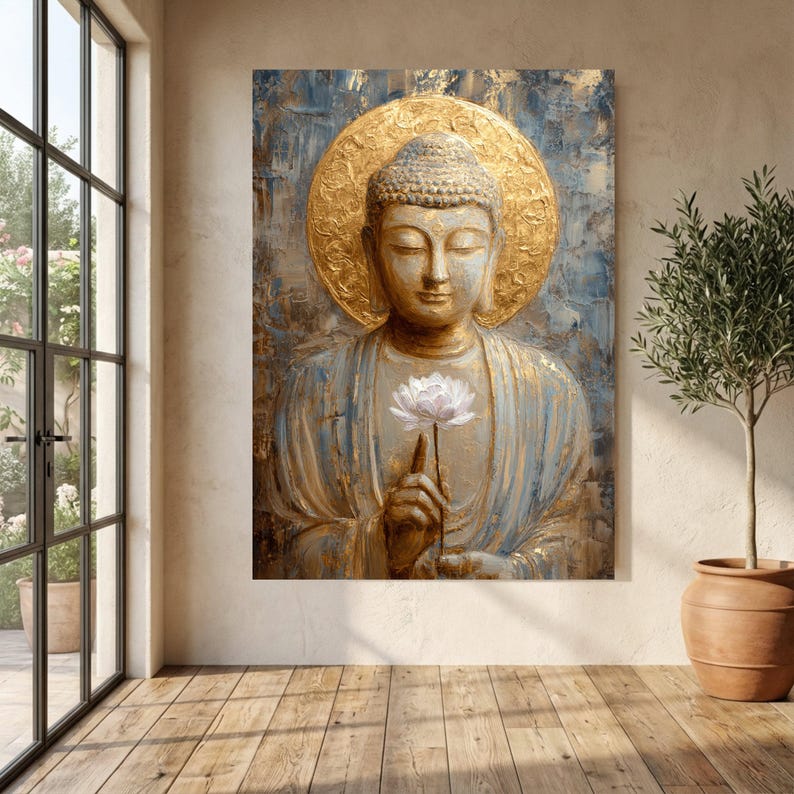 Golden Buddha With Lotus Flower, Spiritual Canvas Wall Art, Meditation ...