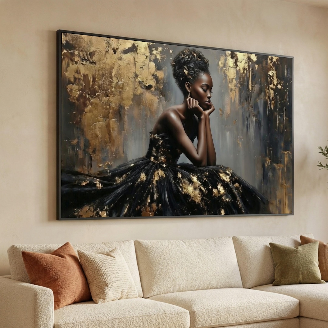 Elegant Black and Gold Fashion Portrait Canvas, Abstract Woman Artwork ...
