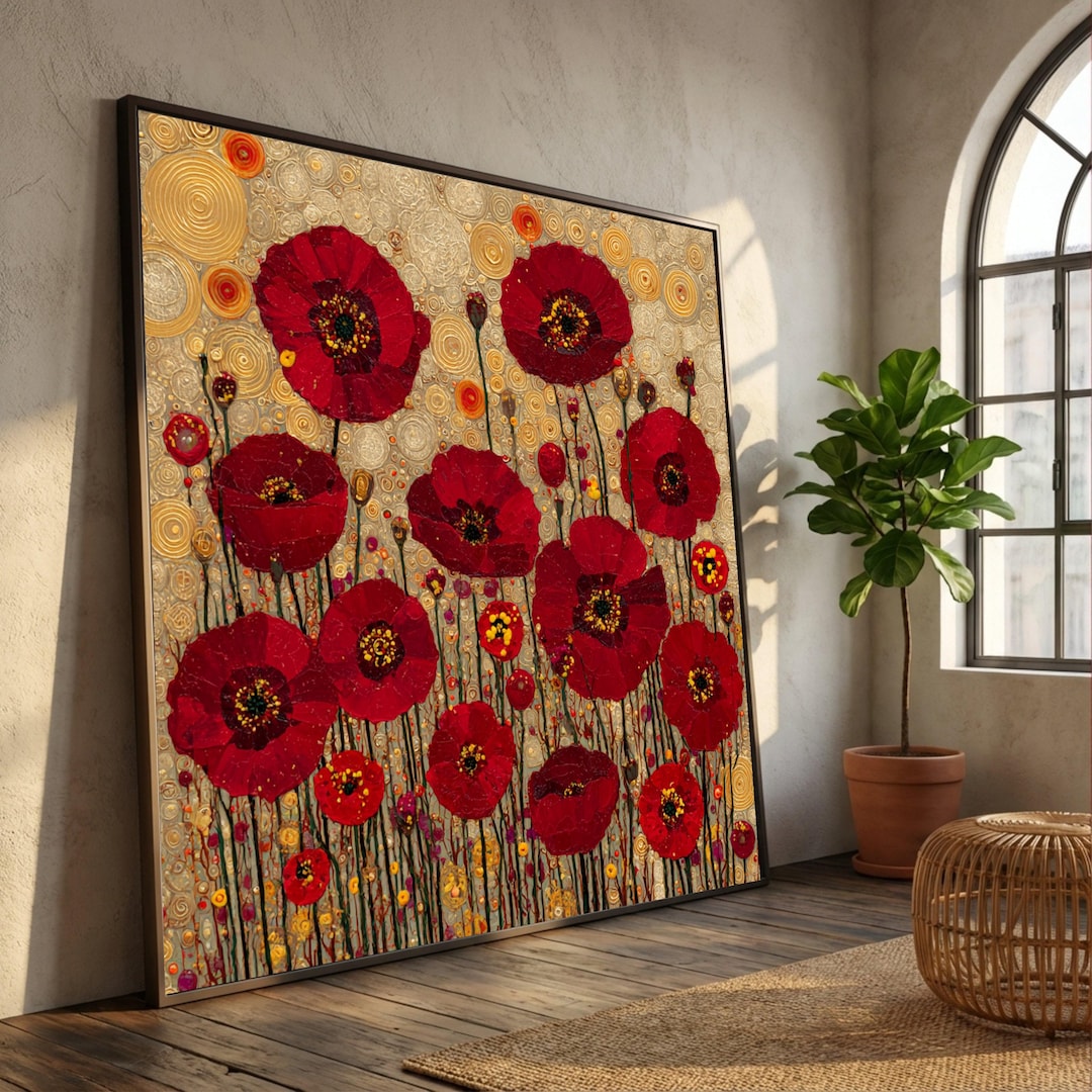 Gustav Klimt Red Poppies Canvas, Floral Wall Art, Modern Impressionist ...