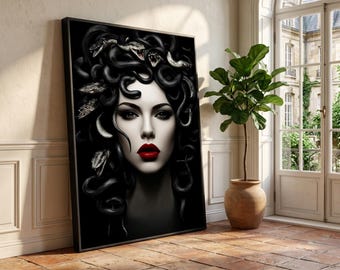Medusa Portrait Canvas Wall Art, Dark Mythology Decor, Mythical Gorgon Head Canvas, Fantasy Art Print, Gothic Home Decoration