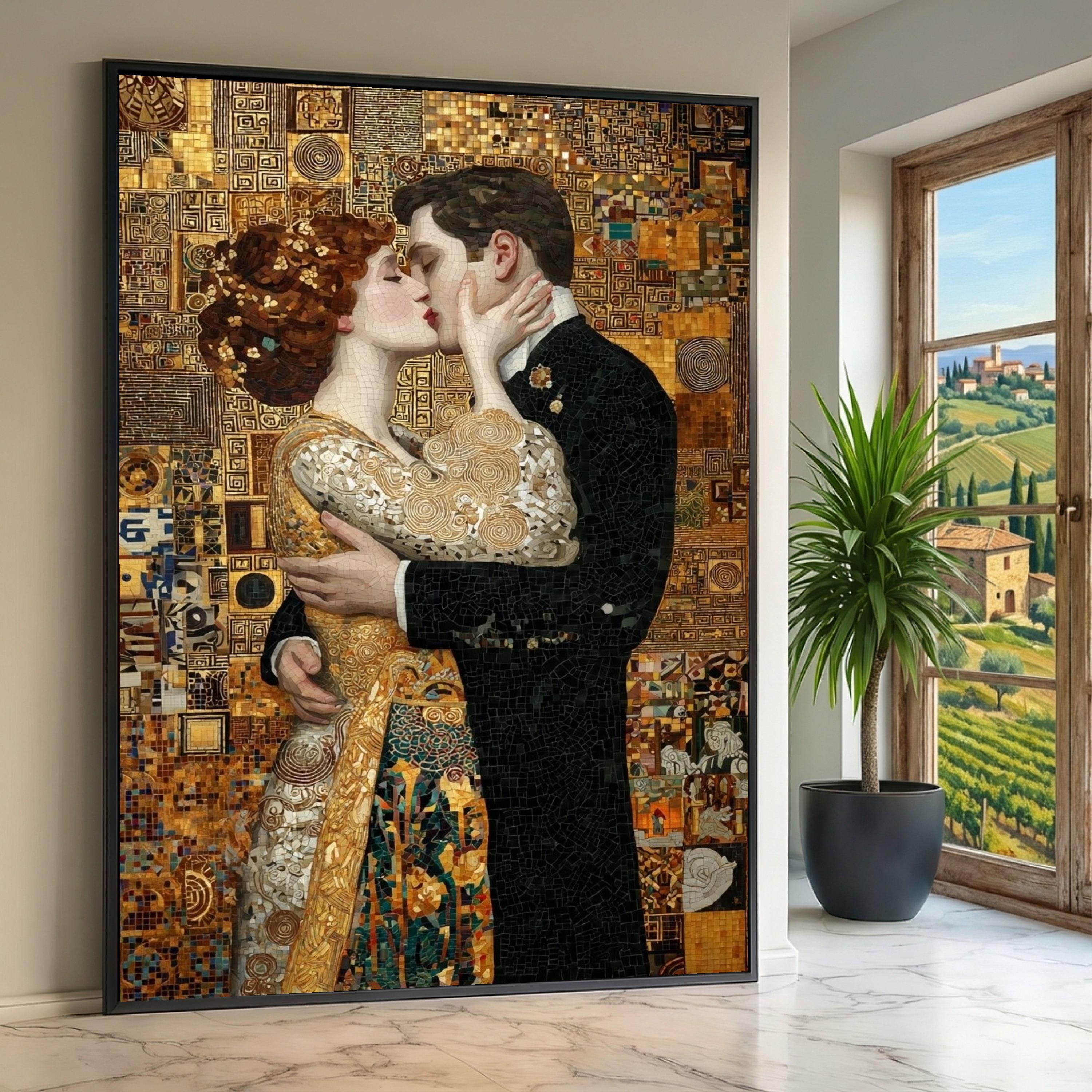 Gustav Klimt Lovers Kiss Canvas, Romantic Mosaic Wall Art, Gold ...