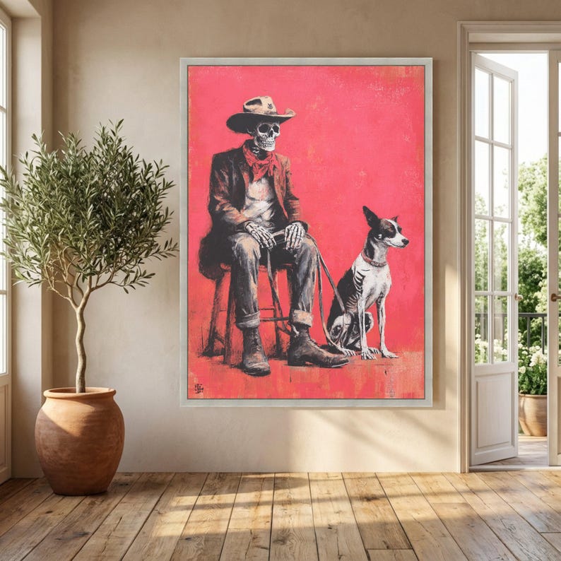 Skeleton Cowboy with Dog Canvas, Western Skeleton Art, Dark Humor Wall Art, Gothic Cowboy Canvas, Unique Home Decor, Ready to Hang image 5