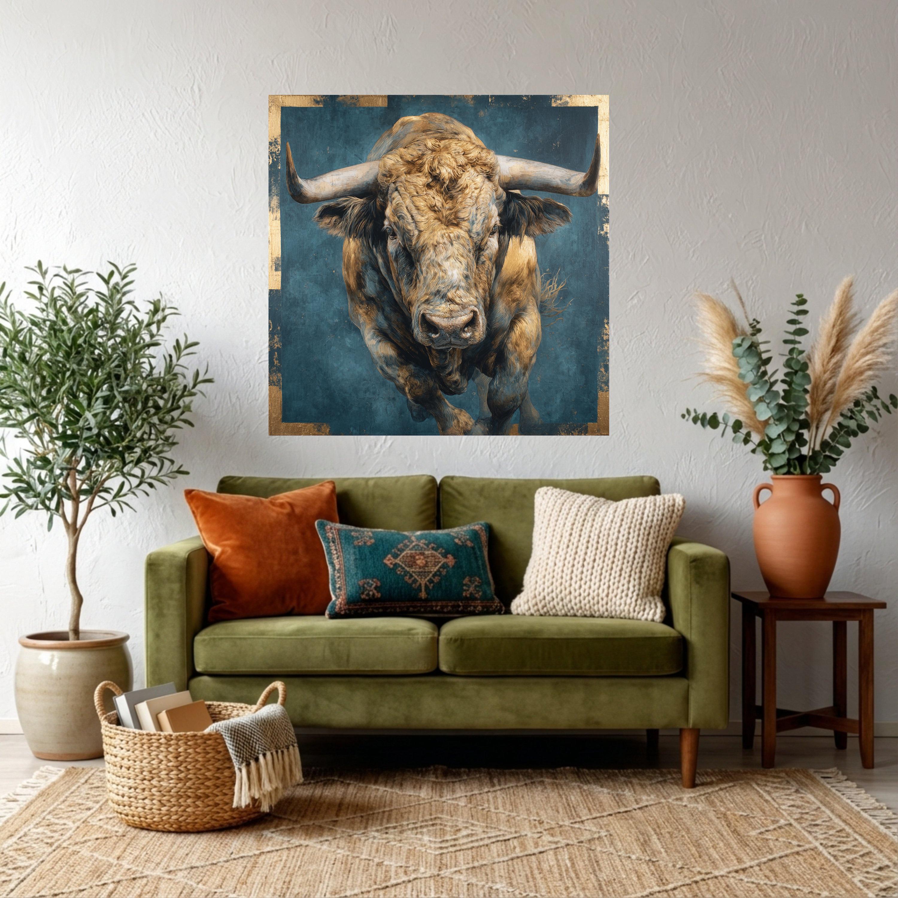 Rustic Bull Powerful Bull Portrait Canvas Wall Art, Rustic Animal Artwork ...