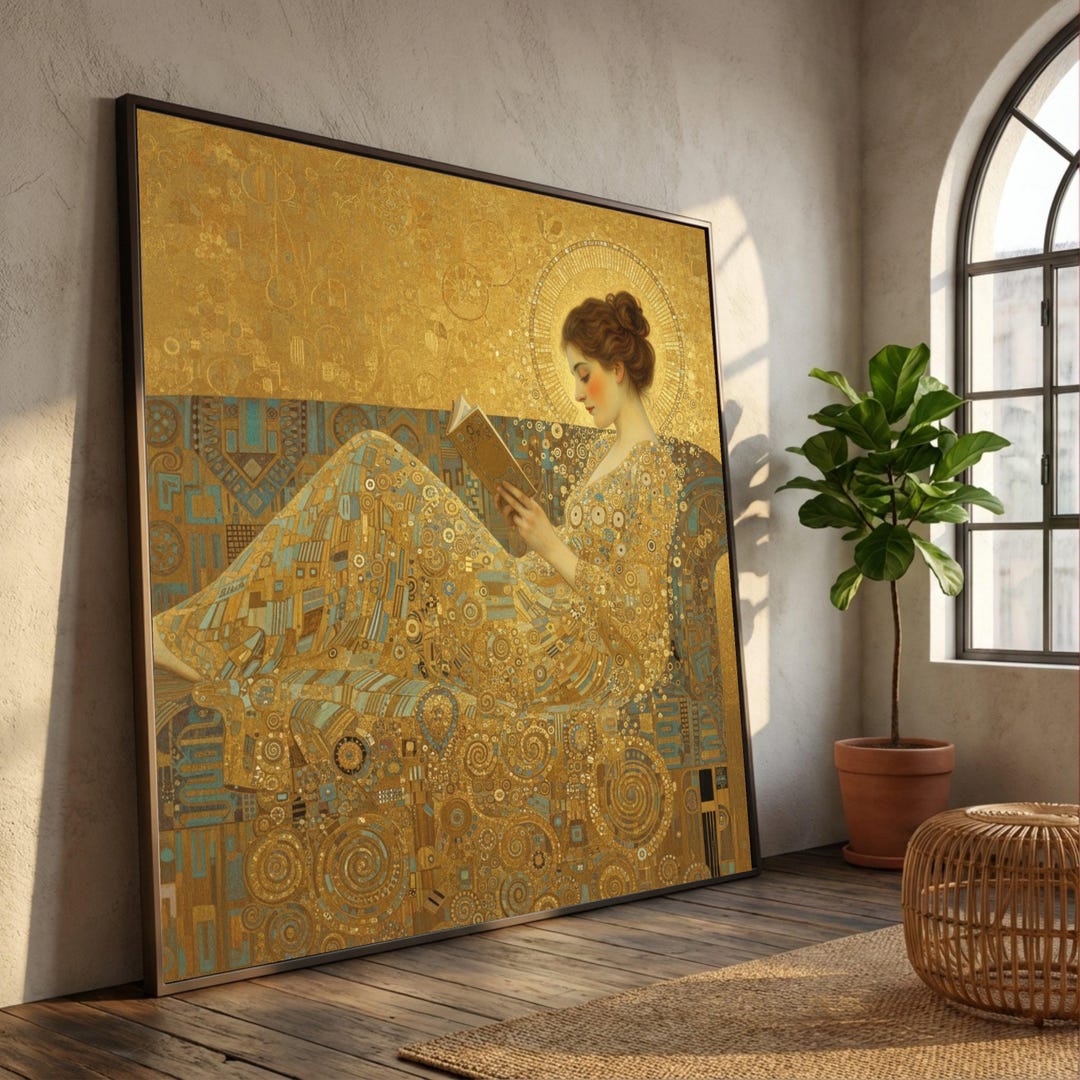 Gustav Klimt Style Reading Woman Canvas, Golden Art Nouveau Wall Art ...