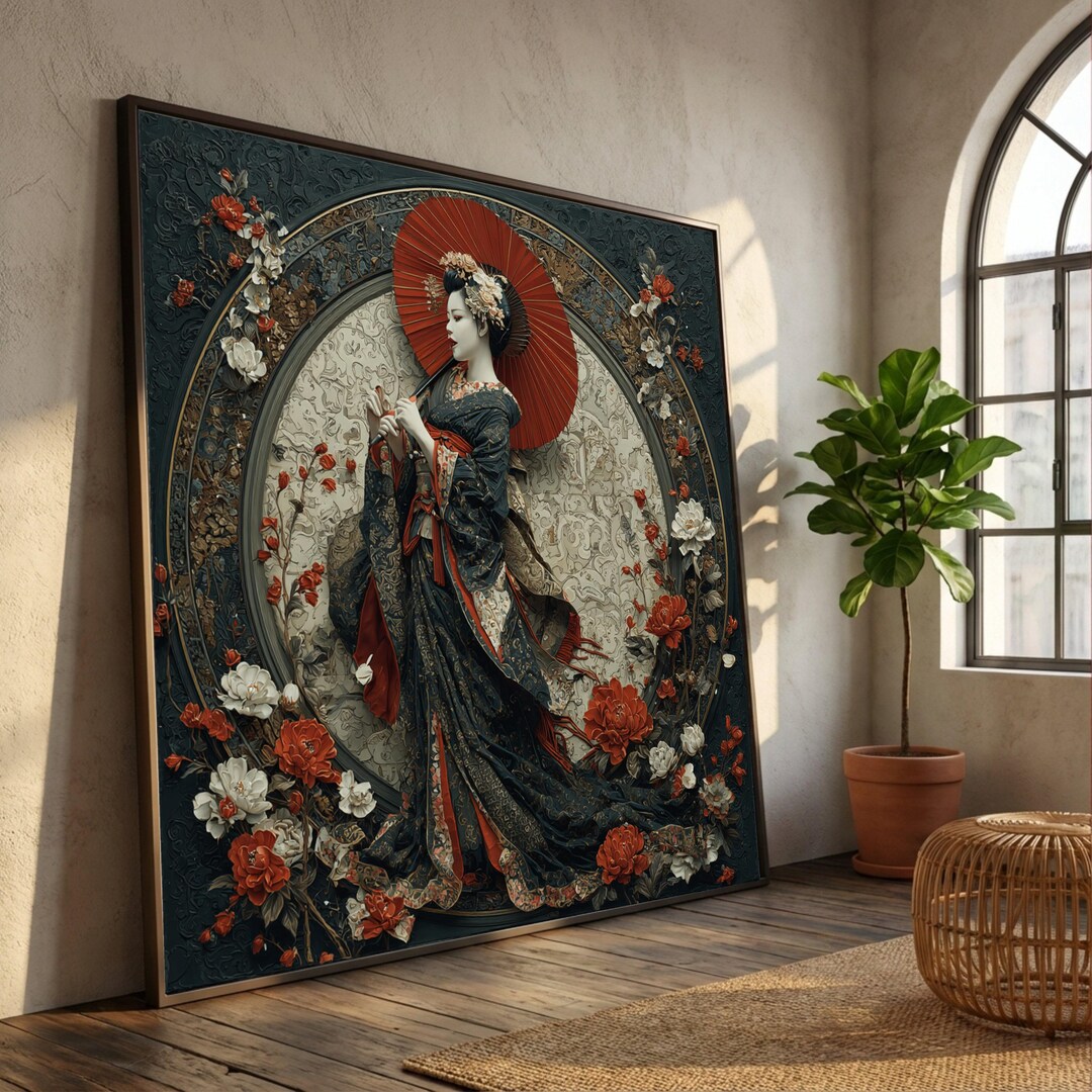 Elegant Geisha Woman With Red Umbrella Canvas, Japanese Traditional Art ...