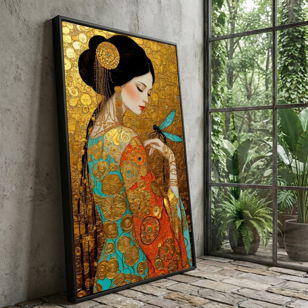 Gustav Klimt Elegant Woman With Dragonfly Canvas, Gold Floral Art, Art ...