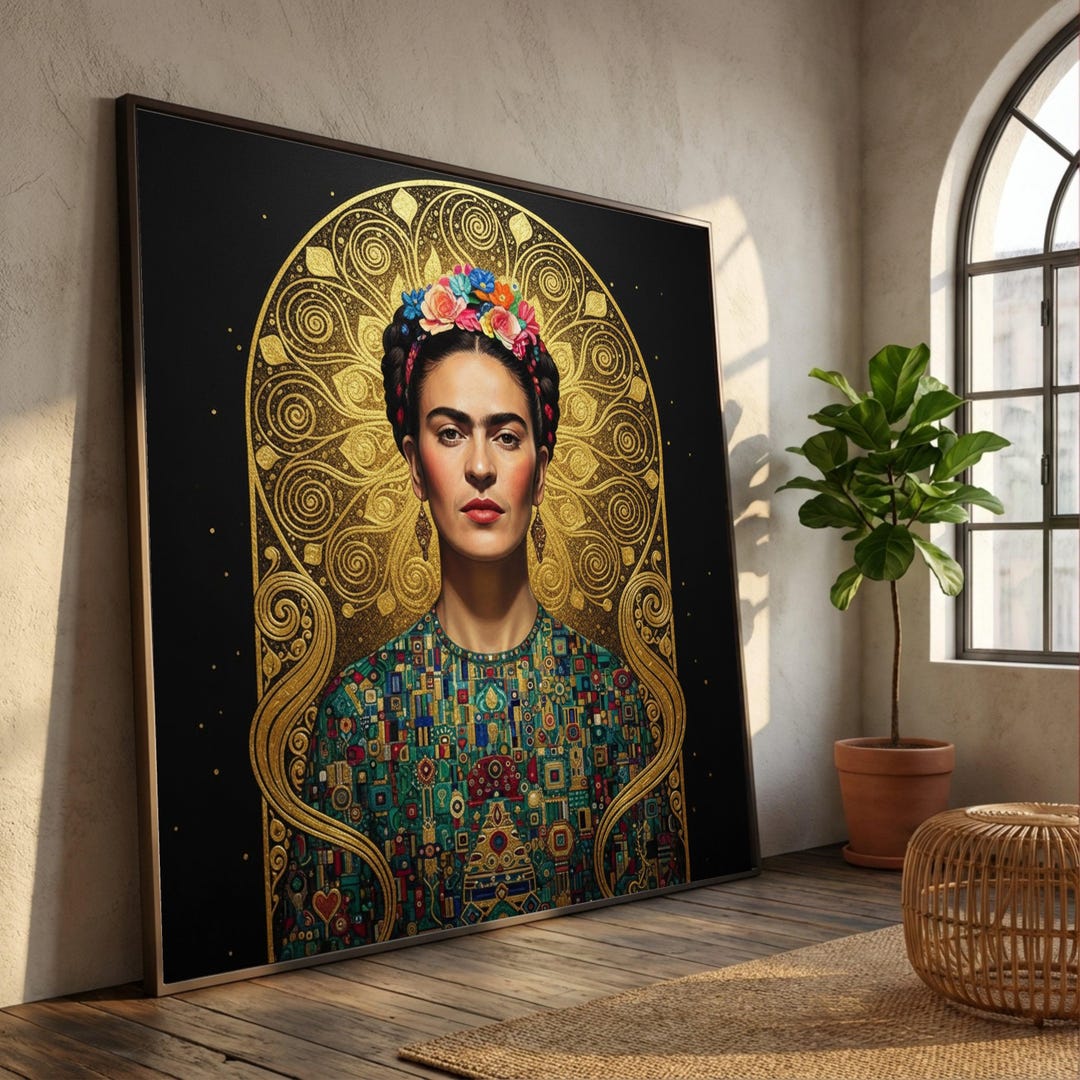 Gustav Klimt Frida Kahlo Portrait Canvas, Gold Floral Halo Wall Art ...