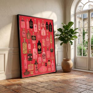 Vintage Apothecary Bottles Canvas, Pink Black Gold Bottle Art, Abstract Potion Vials Wall Decor, Retro Medical Illustration Canvas, Home image 1