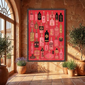 Vintage Apothecary Bottles Canvas, Pink Black Gold Bottle Art, Abstract Potion Vials Wall Decor, Retro Medical Illustration Canvas, Home image 2