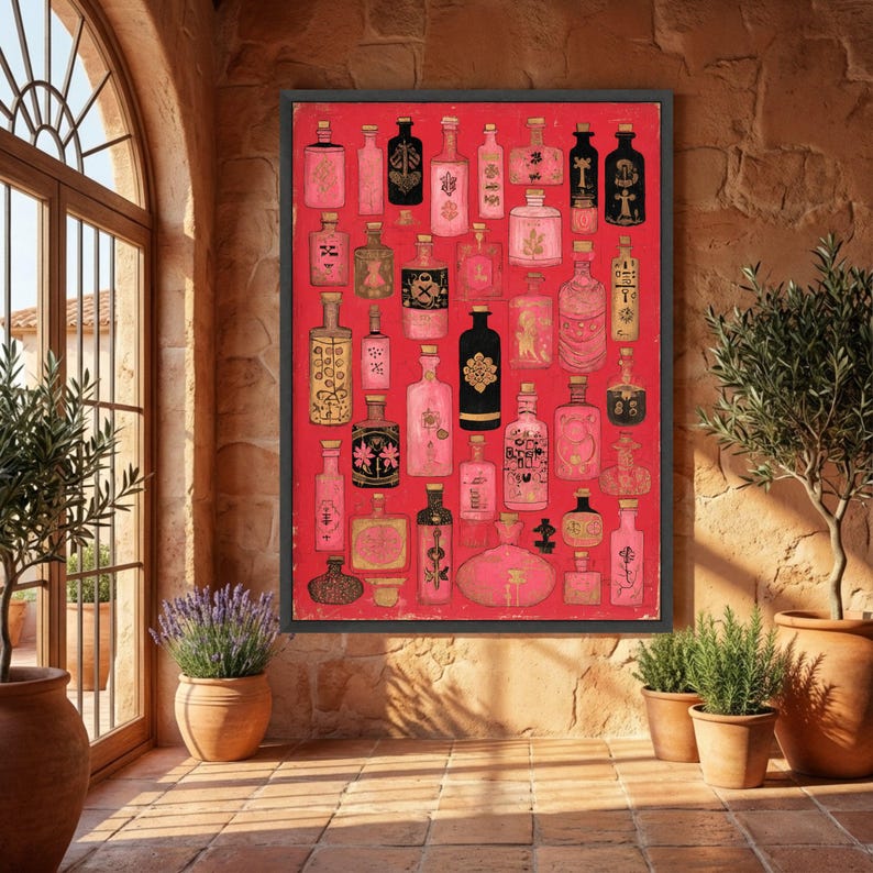 Vintage Apothecary Bottles Canvas, Pink Black Gold Bottle Art, Abstract Potion Vials Wall Decor, Retro Medical Illustration Canvas, Home image 2