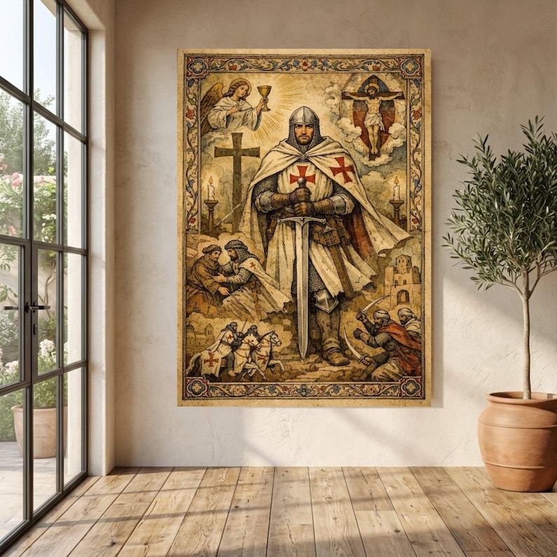 Medieval Crusader Knight Canvas Wall Art, Religious Templar Painting ...