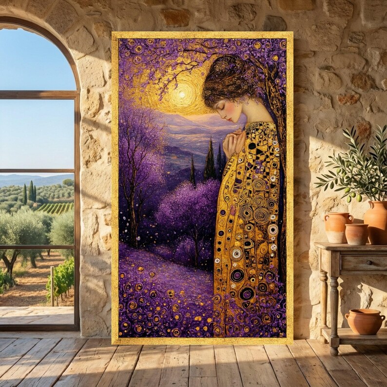 Gustav Klimt Woman in Gold Cloak Canvas, Purple Floral Landscape Wall ...