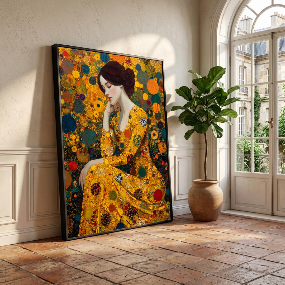 Gustav Klimt Woman in Yellow Dress Canvas, Abstract Modern Portrait ...