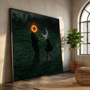 Surreal Sun and Moon Dance, Celestial Lovers Canvas, Mystical Night Art, Fantasy Wall Decor, Cosmic Couple Painting, Dark Moody Canvas