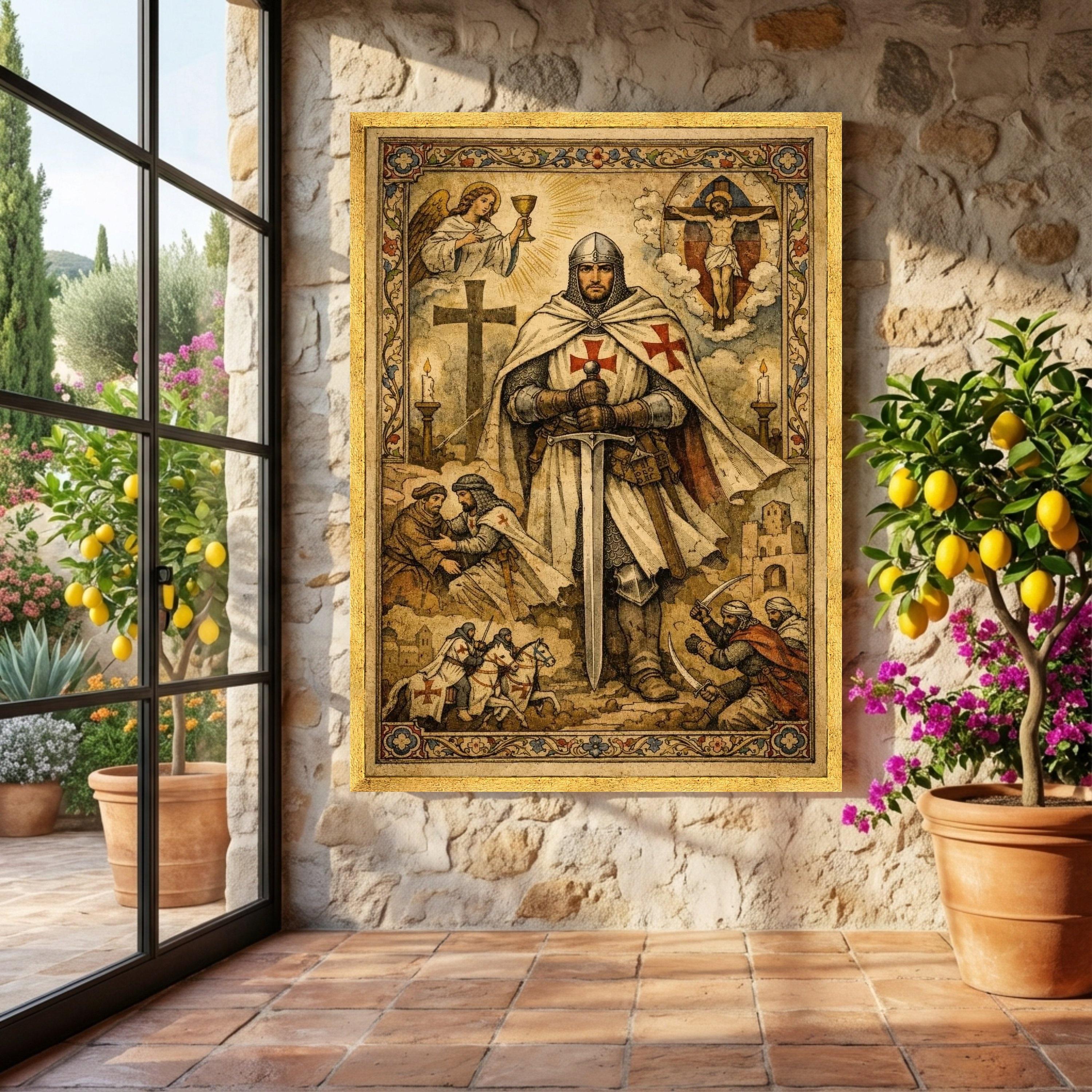 Medieval Crusader Knight Canvas Wall Art, Religious Templar Painting ...