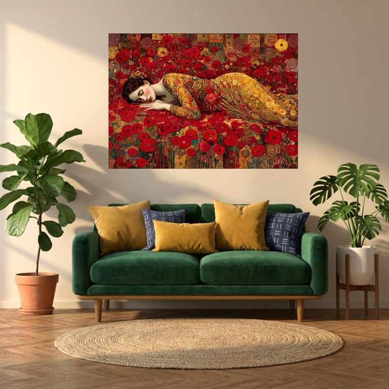 Gustav Klimt Sleeping Woman Canvas, Red Poppy Floral Wall Art ...