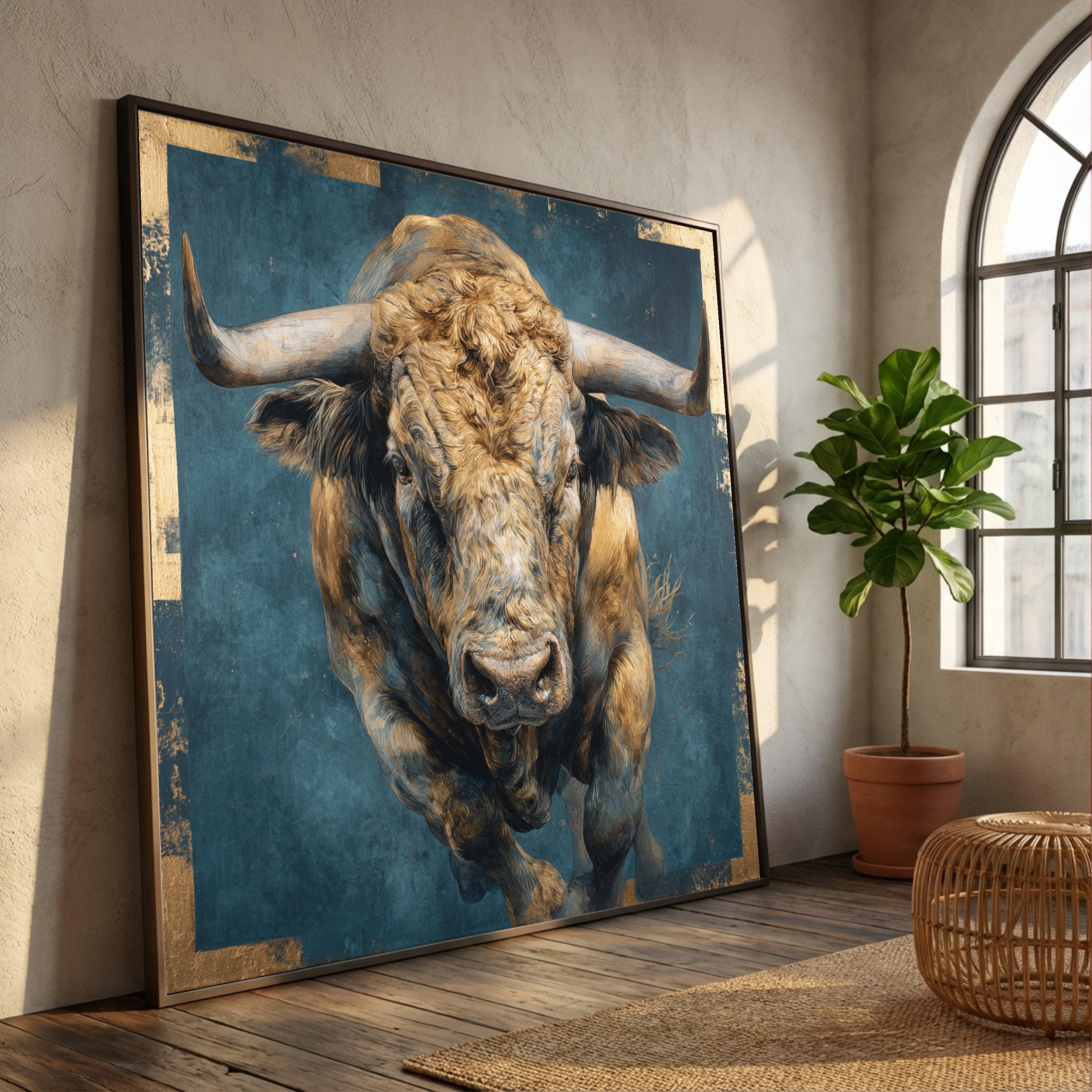 Rustic Bull Powerful Bull Portrait Canvas Wall Art, Rustic Animal Artwork ...