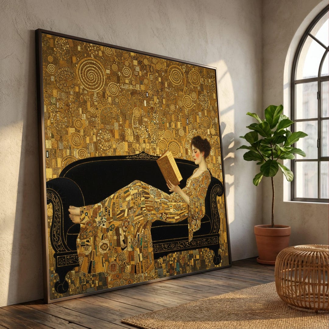 Gustav Klimt Reading Woman Canvas, Art Nouveau Wall Art, Golden Pattern ...