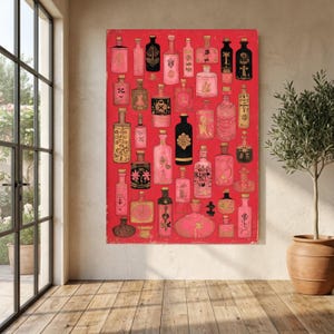 Vintage Apothecary Bottles Canvas, Pink Black Gold Bottle Art, Abstract Potion Vials Wall Decor, Retro Medical Illustration Canvas, Home image 6