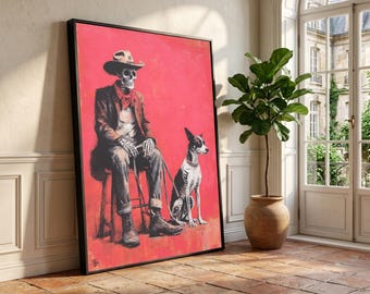 Skeleton Cowboy with Dog Canvas, Western Skeleton Art, Dark Humor Wall Art, Gothic Cowboy Canvas, Unique Home Decor, Ready to Hang