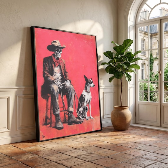 Skeleton Cowboy with Dog Canvas, Western Skeleton Art, Dark Humor Wall Art, Gothic Cowboy Canvas, Unique Home Decor, Ready to Hang