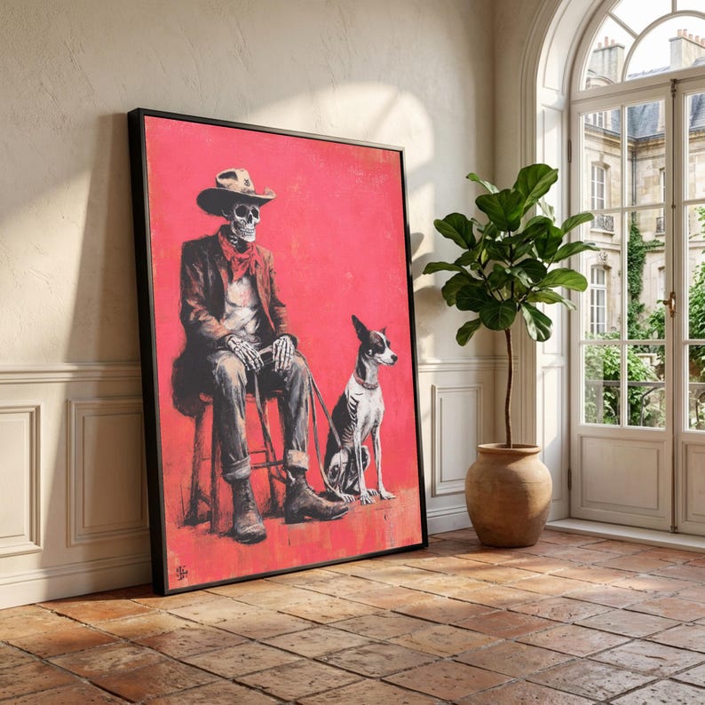 Skeleton Cowboy with Dog Canvas, Western Skeleton Art, Dark Humor Wall Art, Gothic Cowboy Canvas, Unique Home Decor, Ready to Hang image 1