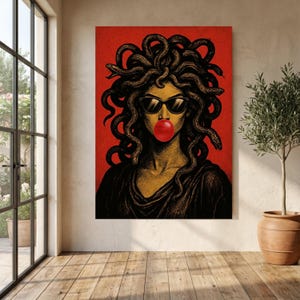 Modern Medusa Portrait Canvas, Mythology Wall Art, Snake Hair Woman, Pop Art Style Canvas, Bold Red Background Home Decor image 6