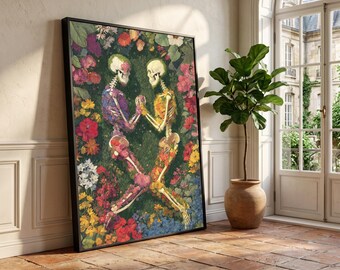 Floral Skeleton Couple Canvas Wall Art, Romantic Nature Decor, Colorful Flower Skeletons, Unique Romantic Wall Hanging, Botanical Garden Art