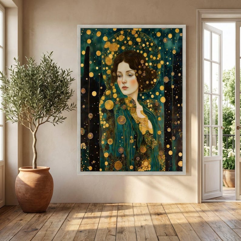Gustav Klimt Elegant Woman Canvas, Golden Abstract Circles Wall Art ...