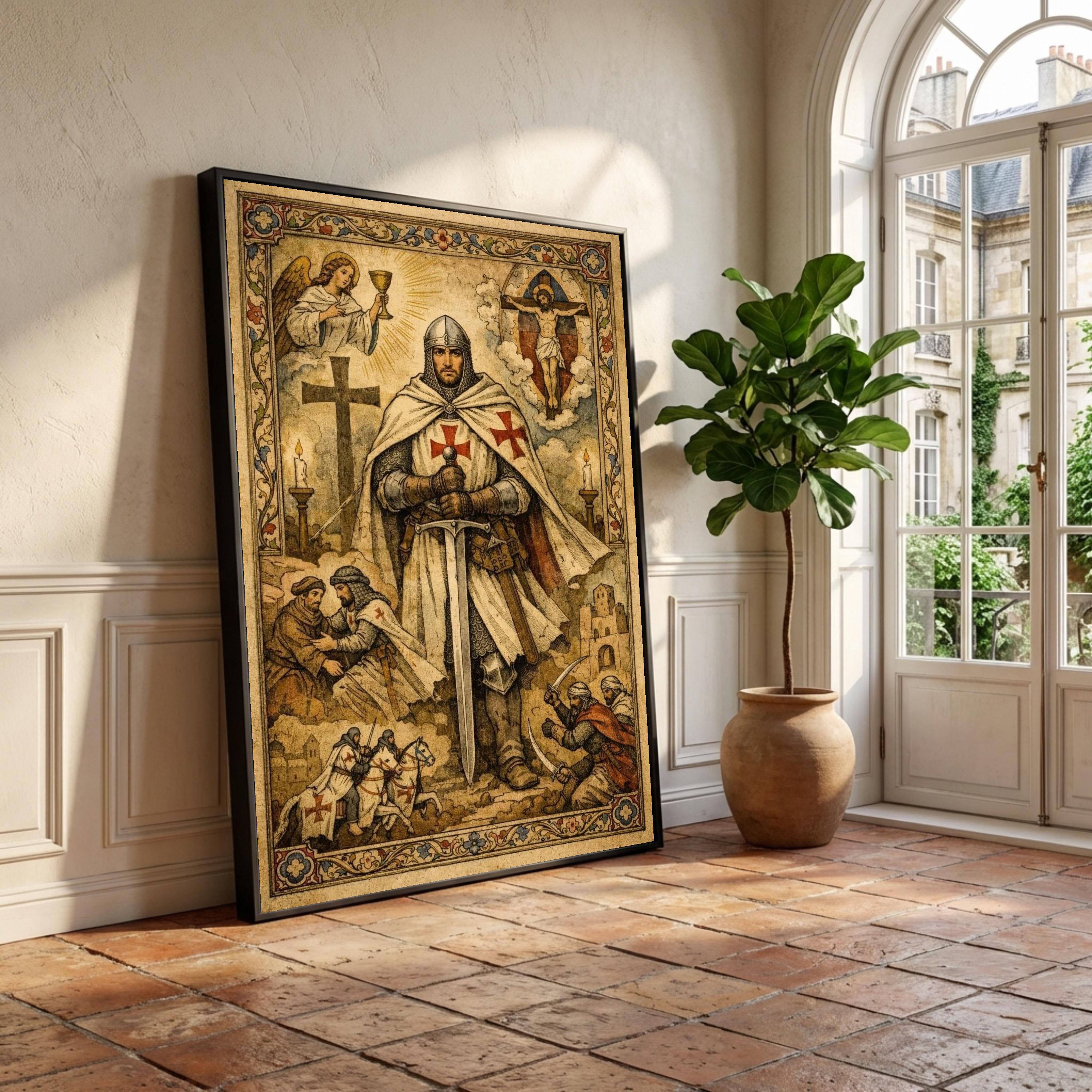 Medieval Crusader Knight Canvas Wall Art, Religious Templar Painting ...