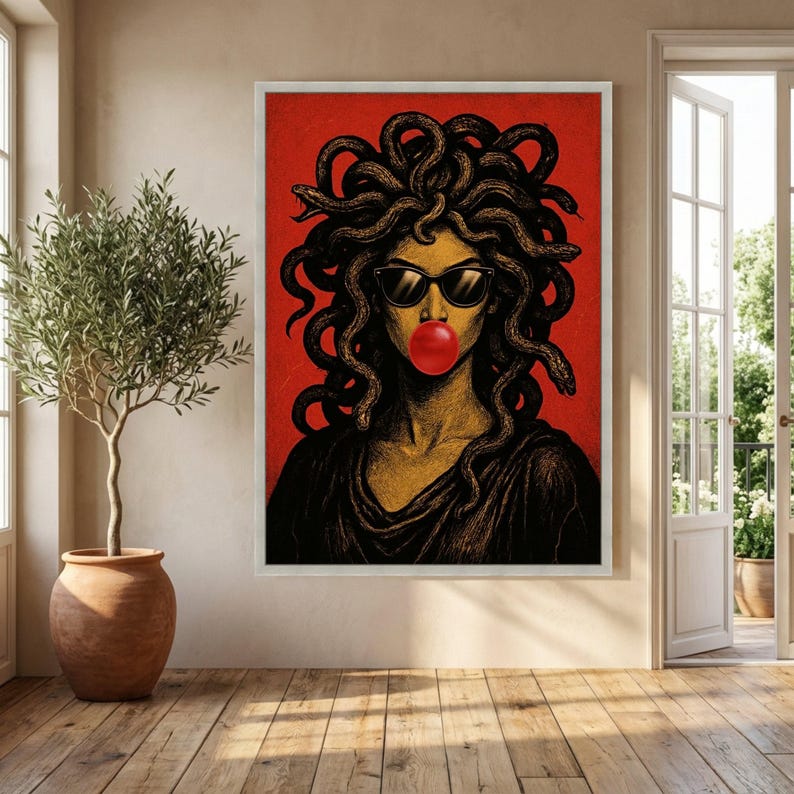Modern Medusa Portrait Canvas, Mythology Wall Art, Snake Hair Woman, Pop Art Style Canvas, Bold Red Background Home Decor image 5