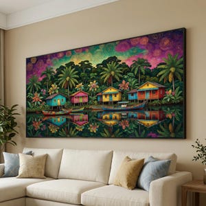 Tropical Village Scene Canvas, Colorful Houses and Boats Wall Art, Lush Palm Trees Reflection, Vibrant Nature Landscape Canvas, Gustav Style