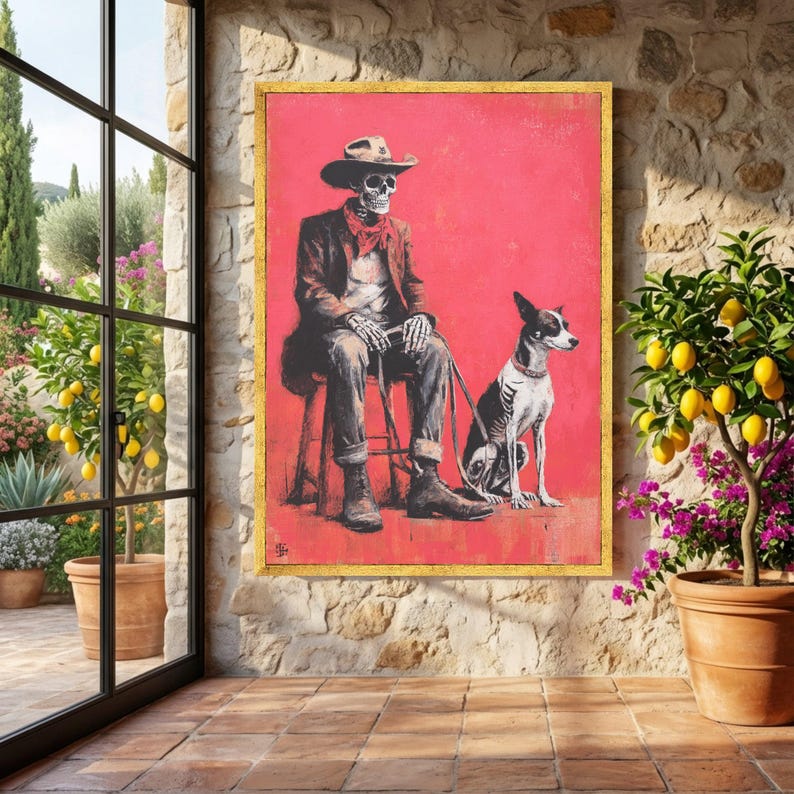 Skeleton Cowboy with Dog Canvas, Western Skeleton Art, Dark Humor Wall Art, Gothic Cowboy Canvas, Unique Home Decor, Ready to Hang image 3