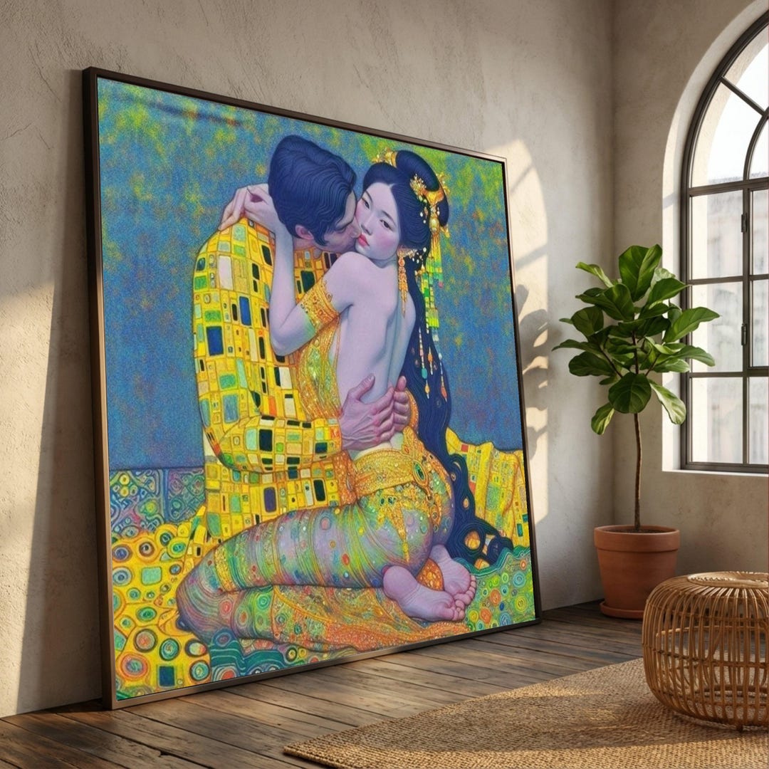 Romantic Embrace, Gustav Klimt Canvas, Gold Patterned Couple Wall Art ...