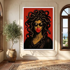 Modern Medusa Portrait Canvas, Mythology Wall Art, Snake Hair Woman, Pop Art Style Canvas, Bold Red Background Home Decor image 4