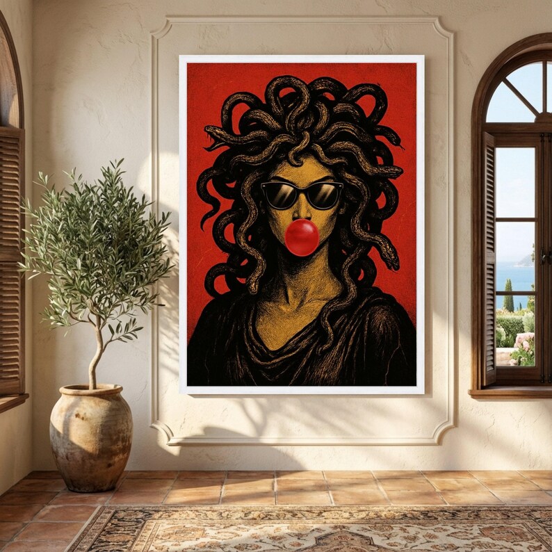 Modern Medusa Portrait Canvas, Mythology Wall Art, Snake Hair Woman, Pop Art Style Canvas, Bold Red Background Home Decor image 4