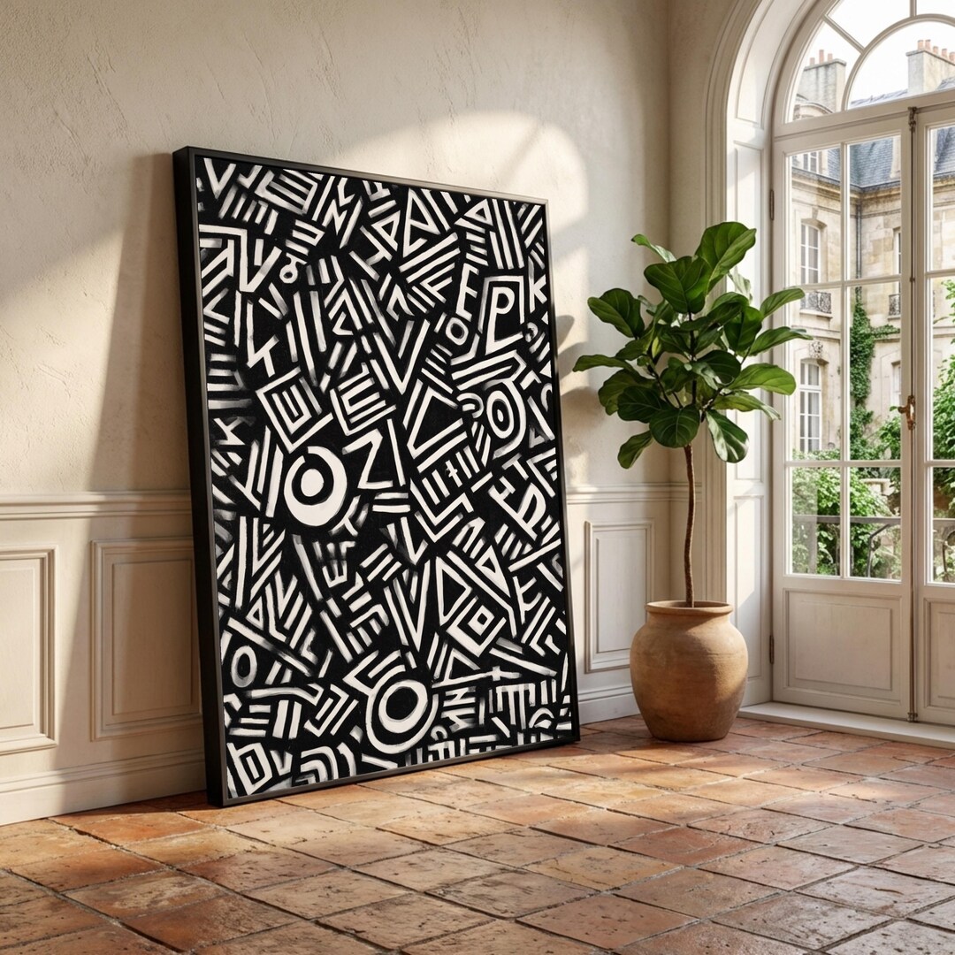 Bold Black and White Abstract Pattern Canvas, Geometric Tribal Wall Art ...