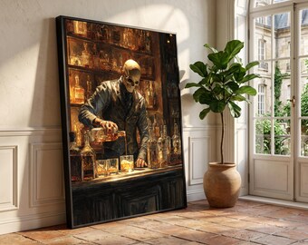 Skeleton Bartender Pouring Whiskey, Vintage Bar Scene Canvas, Halloween Wall Art, Dark Mood Home Decor, Spooky Canvas Print