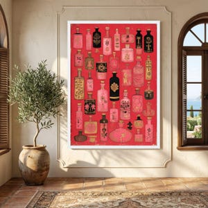 Vintage Apothecary Bottles Canvas, Pink Black Gold Bottle Art, Abstract Potion Vials Wall Decor, Retro Medical Illustration Canvas, Home image 4