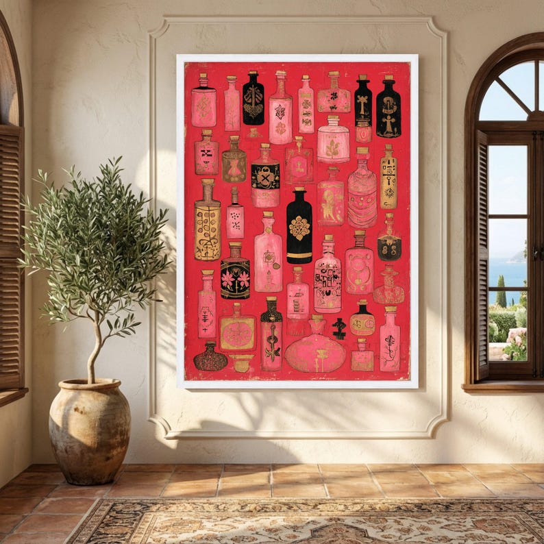 Vintage Apothecary Bottles Canvas, Pink Black Gold Bottle Art, Abstract Potion Vials Wall Decor, Retro Medical Illustration Canvas, Home image 4