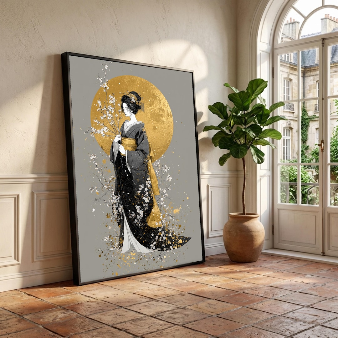 Elegant Geisha With Cherry Blossoms Canvas Wall Art, Japanese Kimono ...