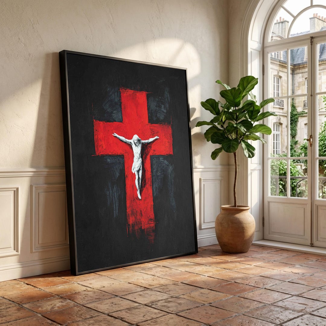 Modern Crucifix Wall Art Canvas, Red Cross Religious Canvas, Abstract ...