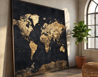 Elegant Gold World Map Canvas, Vintage Style Global Wall Art, Travel Home Decor, Metallic Geography Canvas, Ready to Hang Decoration
