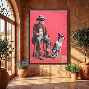 Skeleton Cowboy with Dog Canvas, Western Skeleton Art, Dark Humor Wall Art, Gothic Cowboy Canvas, Unique Home Decor, Ready to Hang image 2