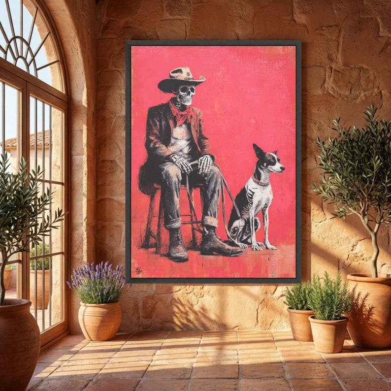 Skeleton Cowboy with Dog Canvas, Western Skeleton Art, Dark Humor Wall Art, Gothic Cowboy Canvas, Unique Home Decor, Ready to Hang image 2