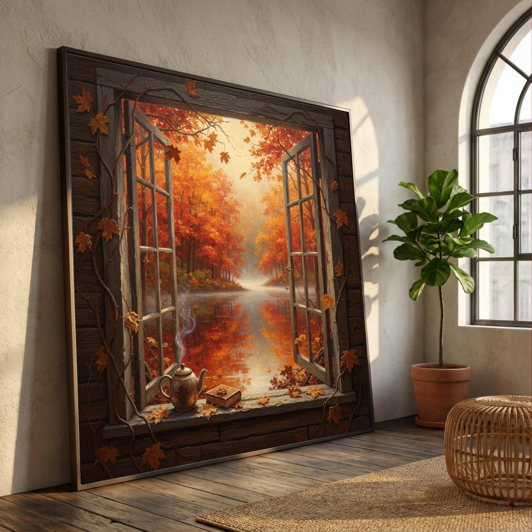 Autumn Window View Canvas, Rustic Fall Landscape Wall Art, Open Window ...