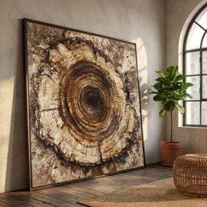 May include: Large framed artwork featuring a detailed cross-section of a tree trunk. The artwork showcases concentric rings in shades of brown and beige, with a dark center. The frame is dark brown, and the artwork leans against a wall.